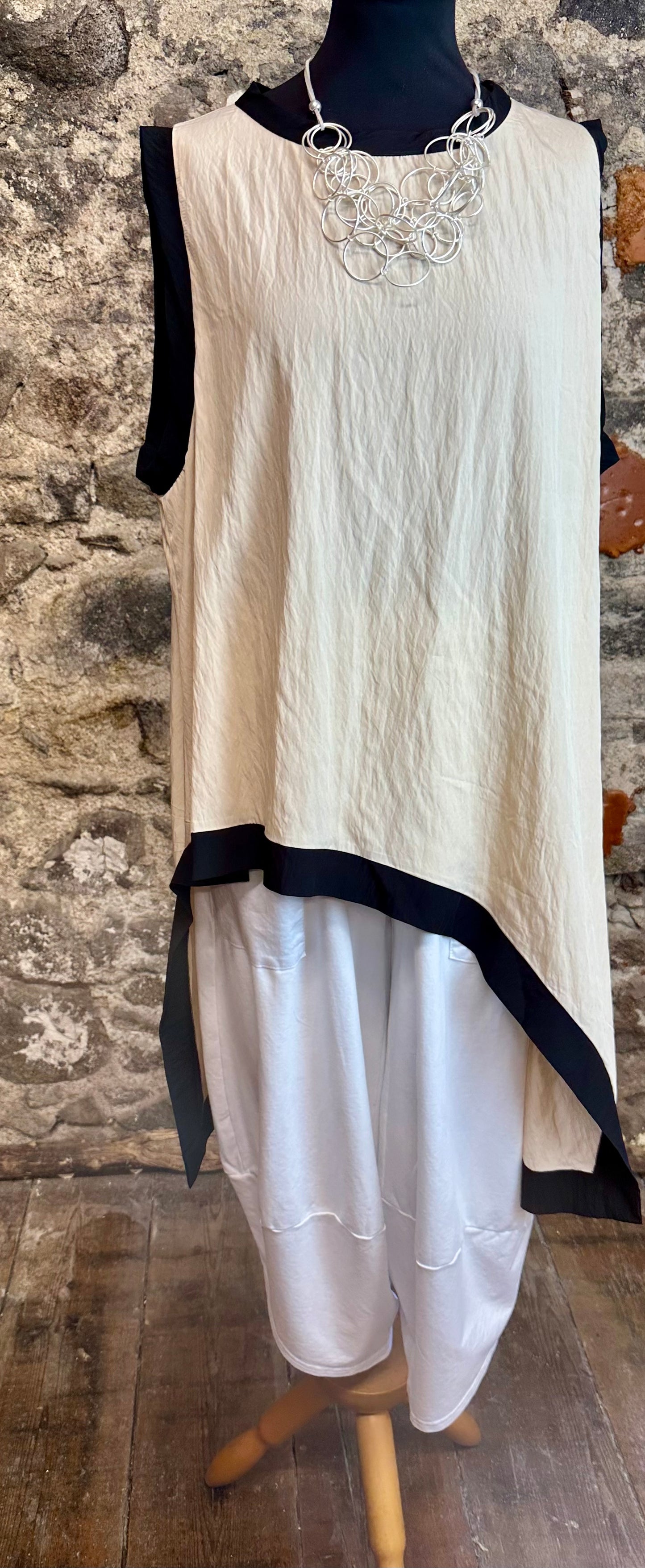 “Tilly “ beige and black trim Italian asymmetric tunic