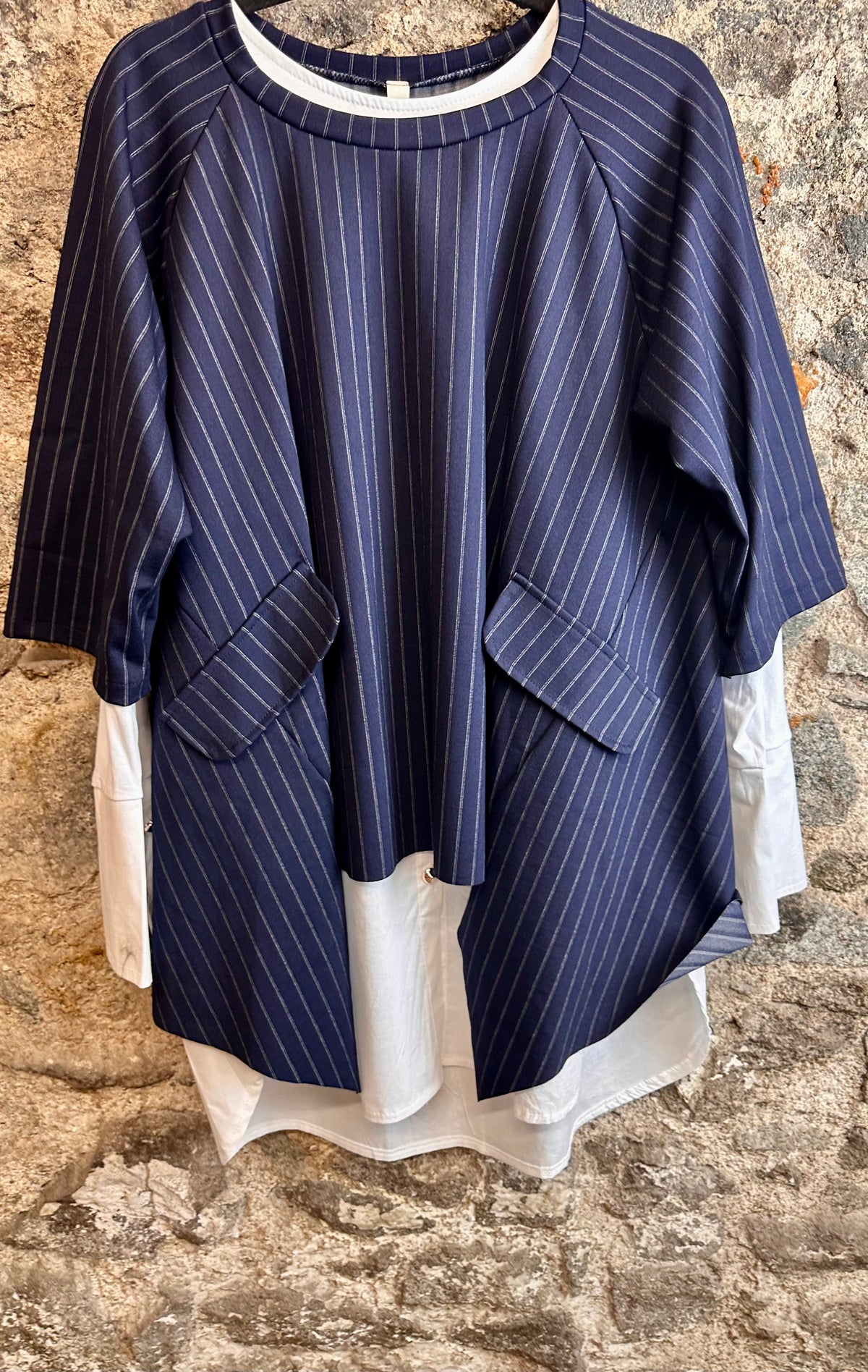 “Sandi “ navy pinstriped irregular asymmetric Italian tunic