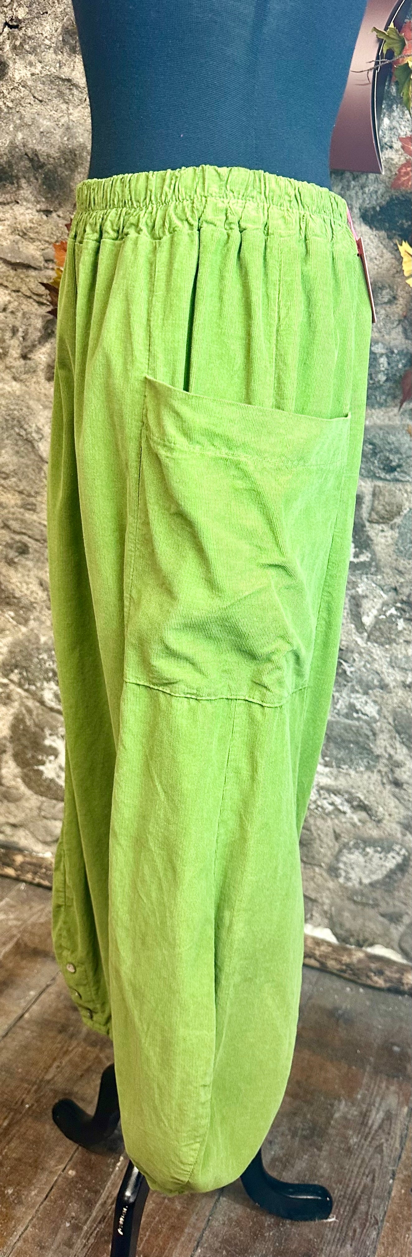 “Tania “ statement button cuff Italian corduroy trousers lime