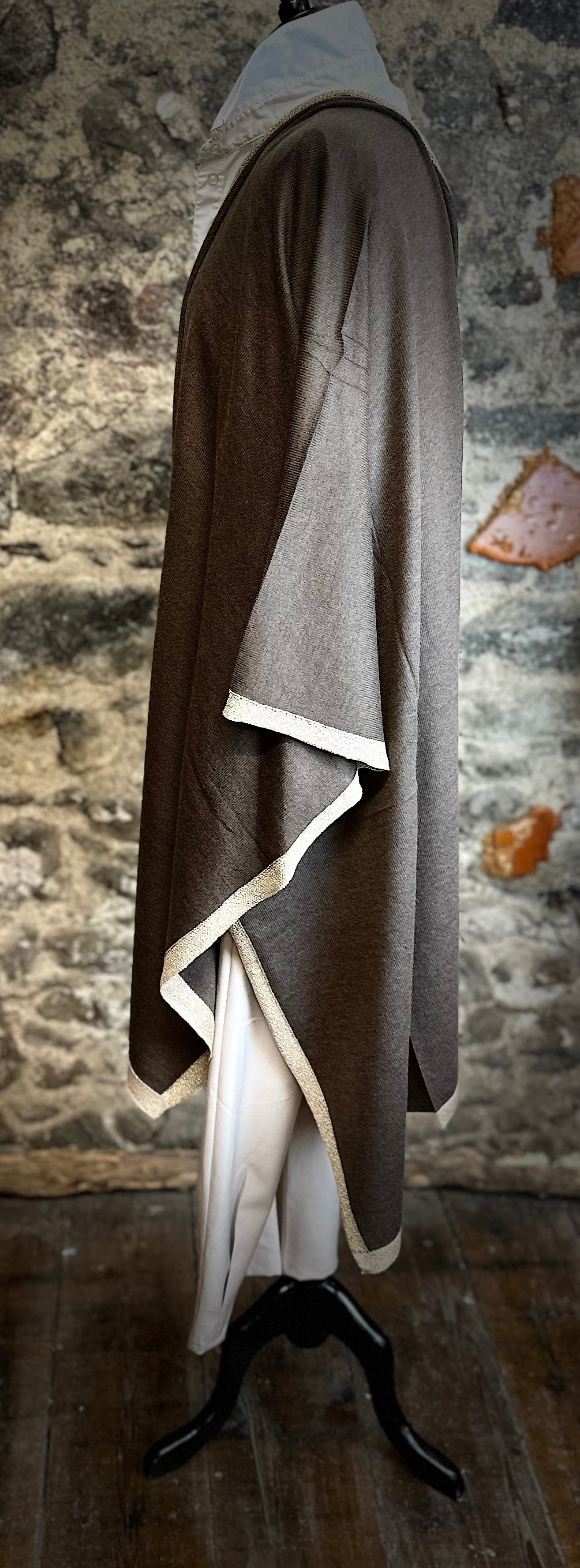 Chocolate fine  knit wrap with gold trim