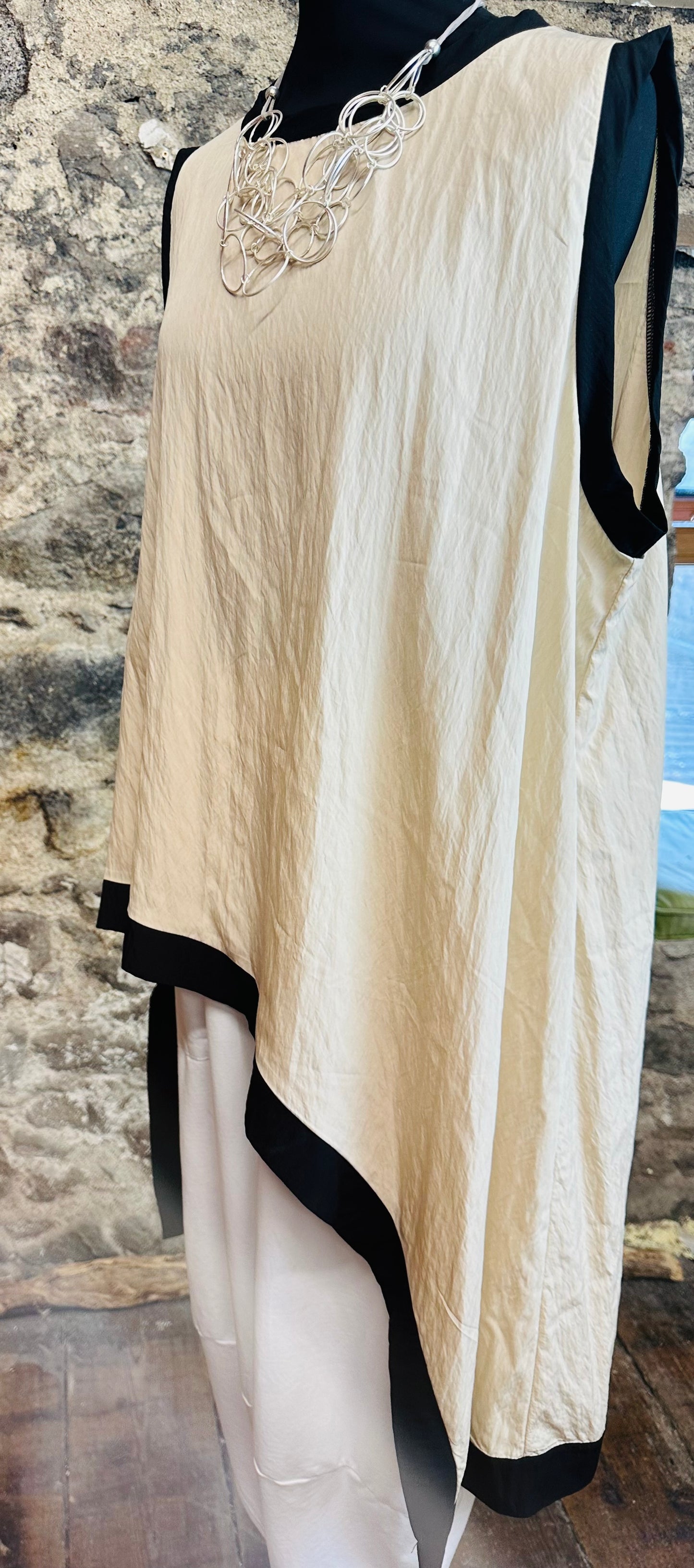 “Tilly “ beige and black trim Italian asymmetric tunic