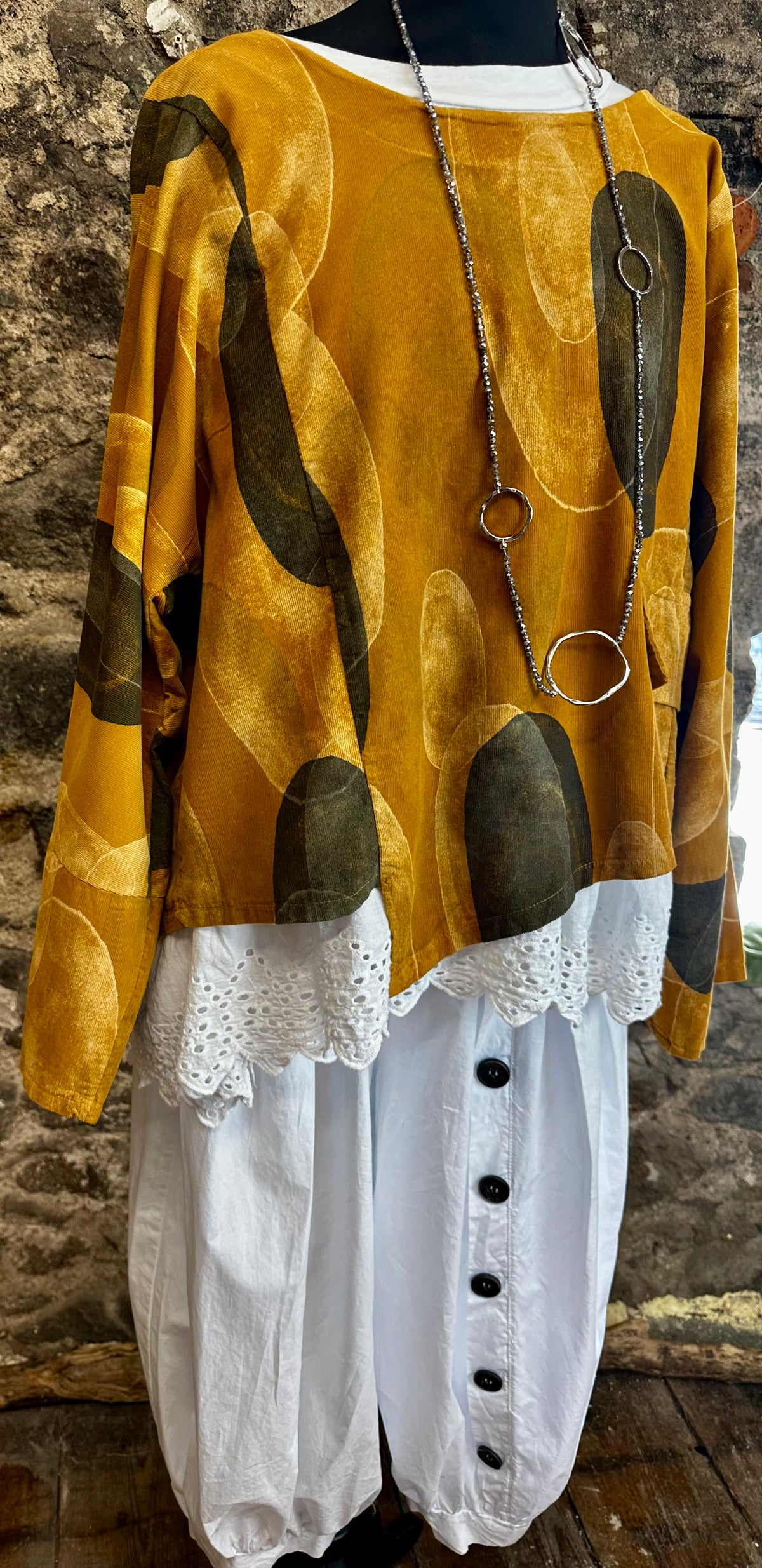“Betty “mustard and slate pin corduroy tunic