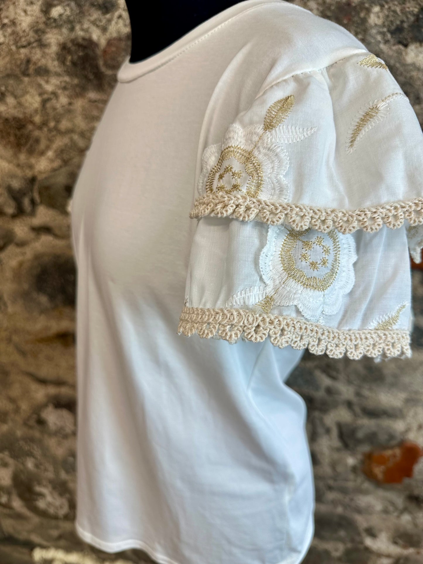 “Chloe” embellished sleeve natural tshirt
