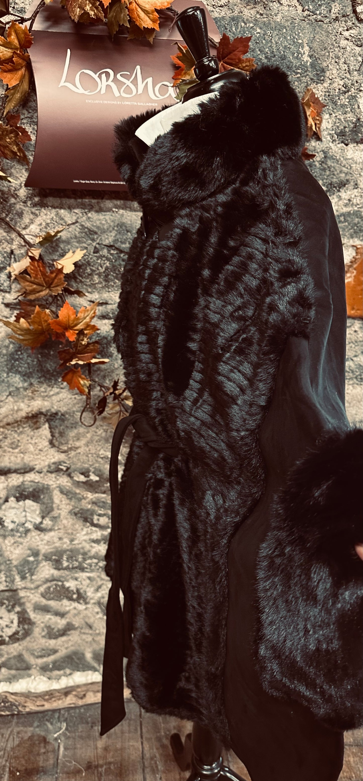 “Regina “ Ebony suedette coat cape with vegan fur