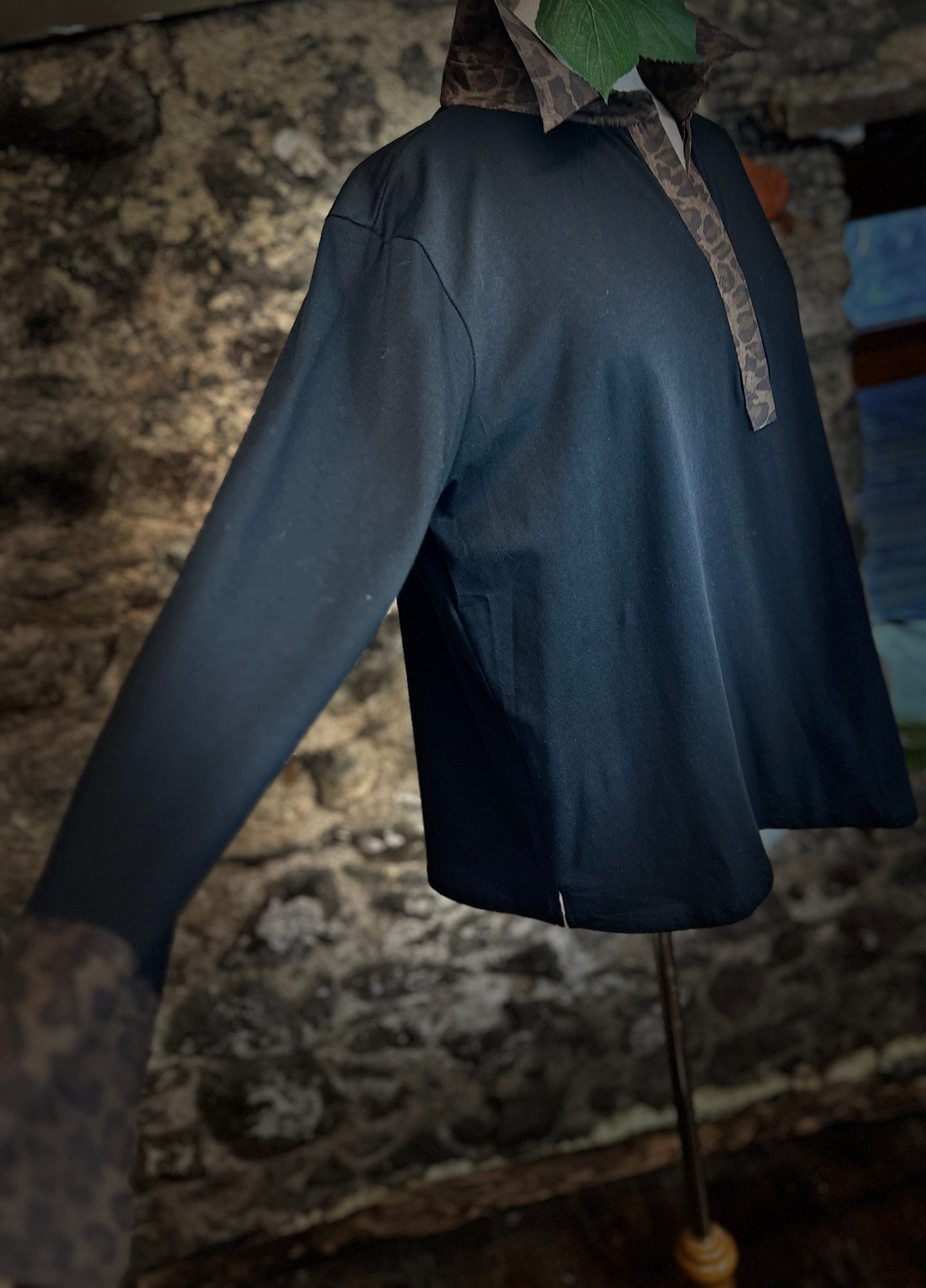 “Lou Lou “ jet black collared animal print Italian shirt