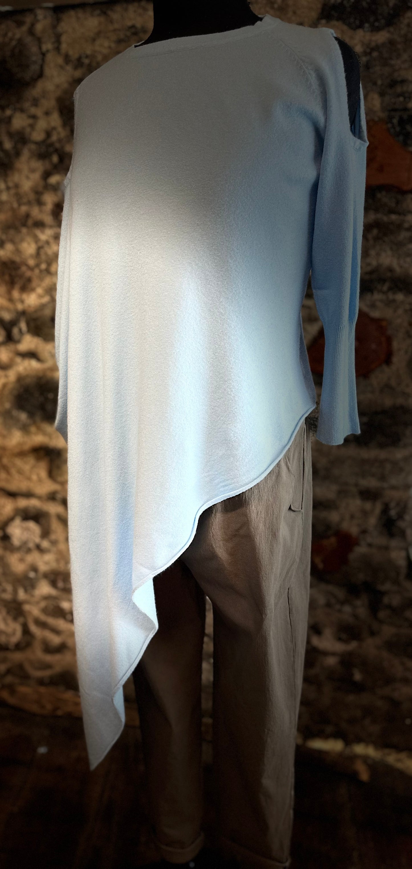 “Frankie “ powder blue asymmetric Italian  knit jumper