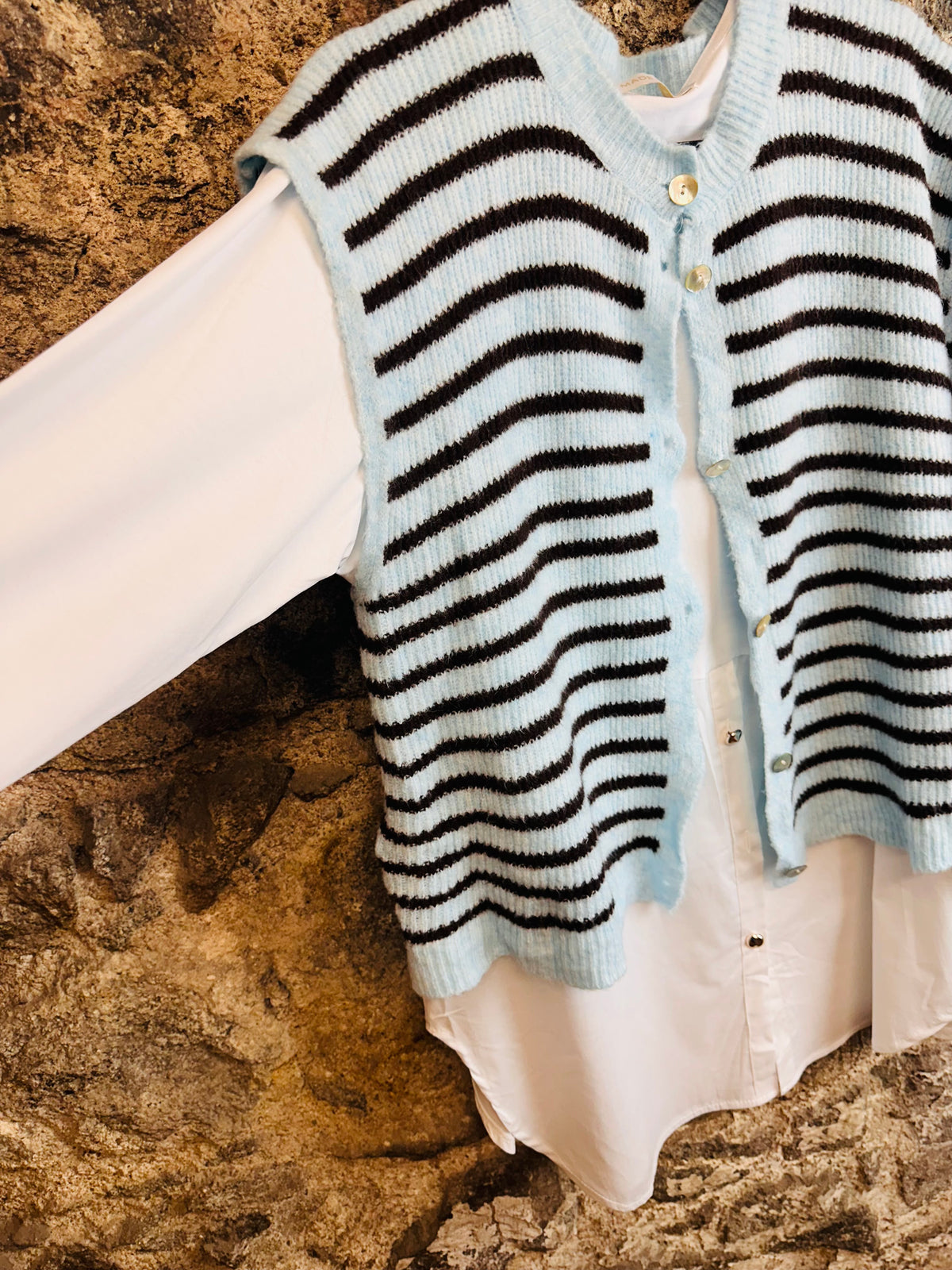 “Jessie” sky blue and chocolate stripe Italian knit waistcoat