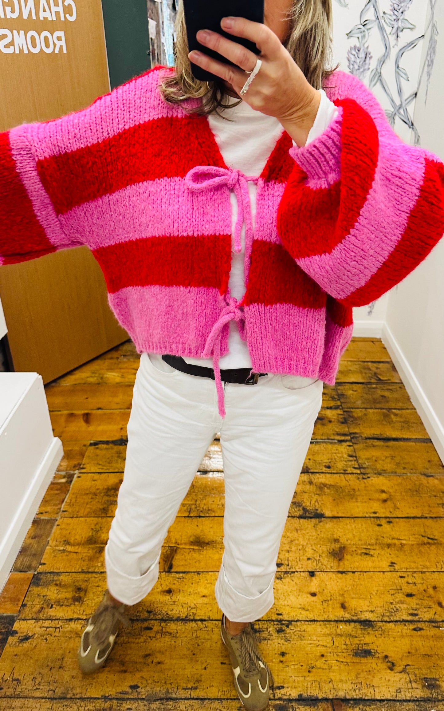 “Safia” pink and red stripe cosey cardi