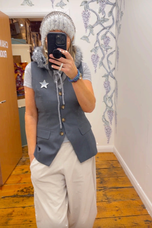 “Claudia “ dove grey vegan fur knit hood snood