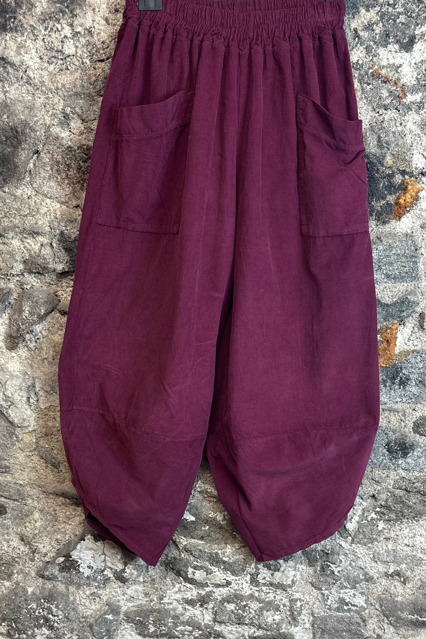 “Toni “ burgundy pin corduroy Italian cocoon trousers