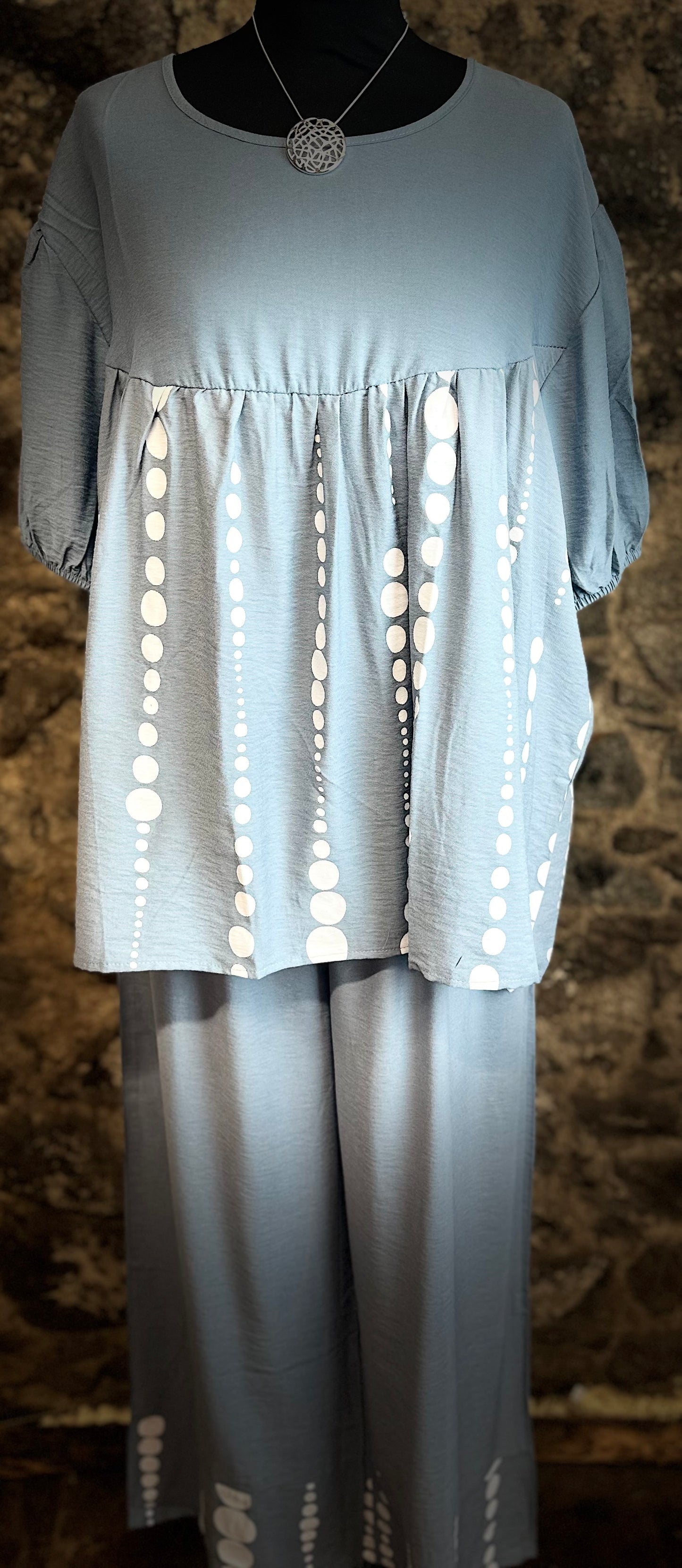 “Davina “ cloudy blue Italian gathered empire line tunic
