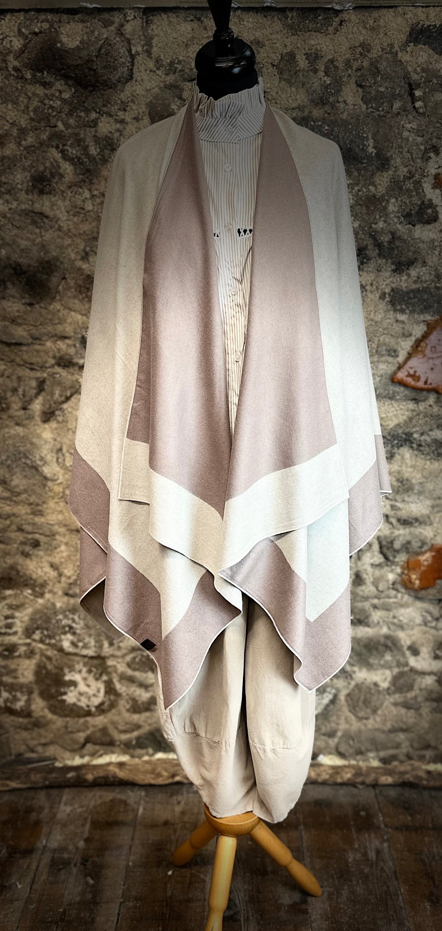 “Roberta” mocha and stone reversible fine wool mix wrap