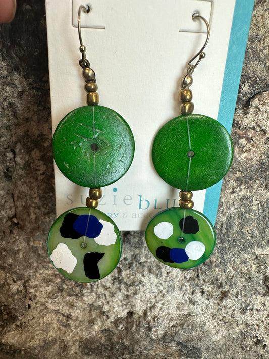 Wooden disc hand painted drop earrings