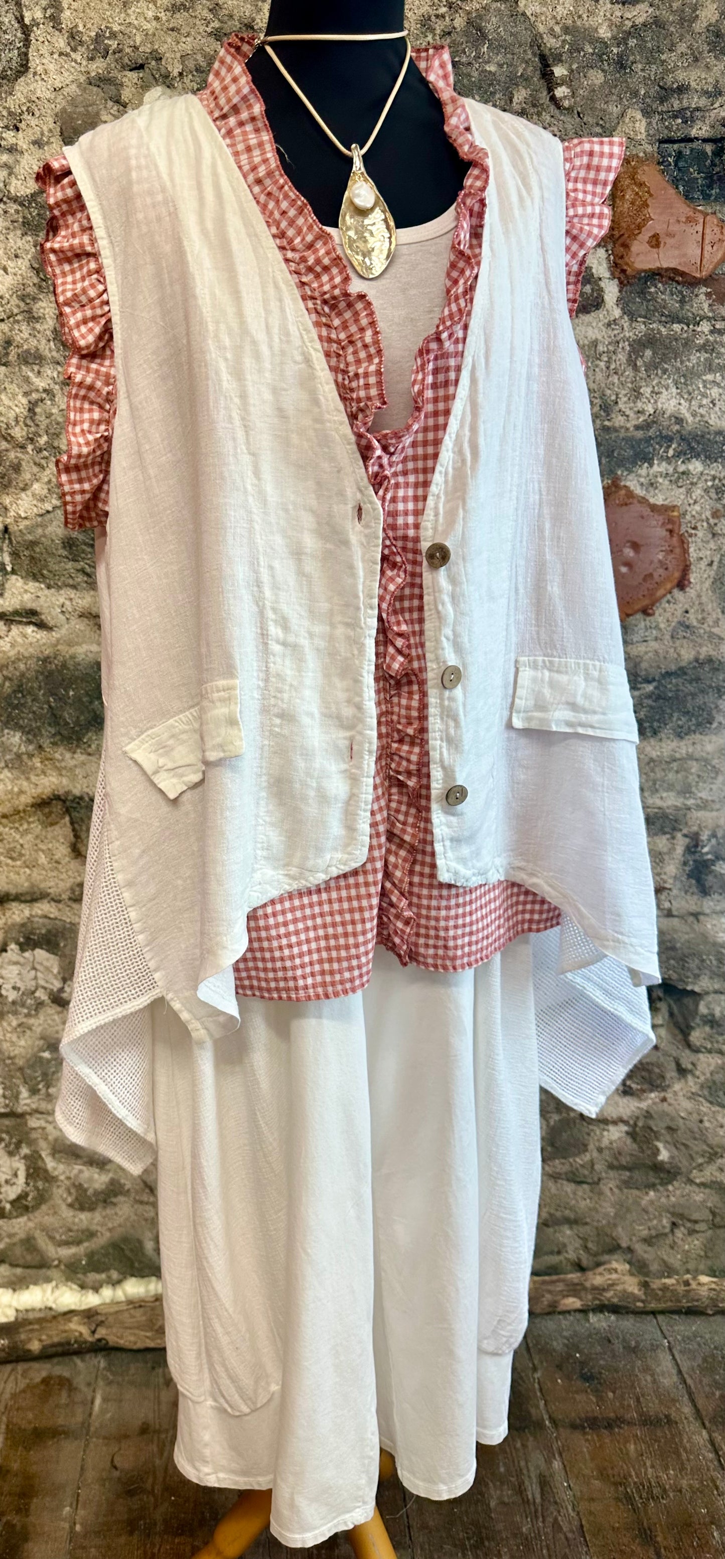 “Daisy “ white linen Italian asymmetric waistcoat
