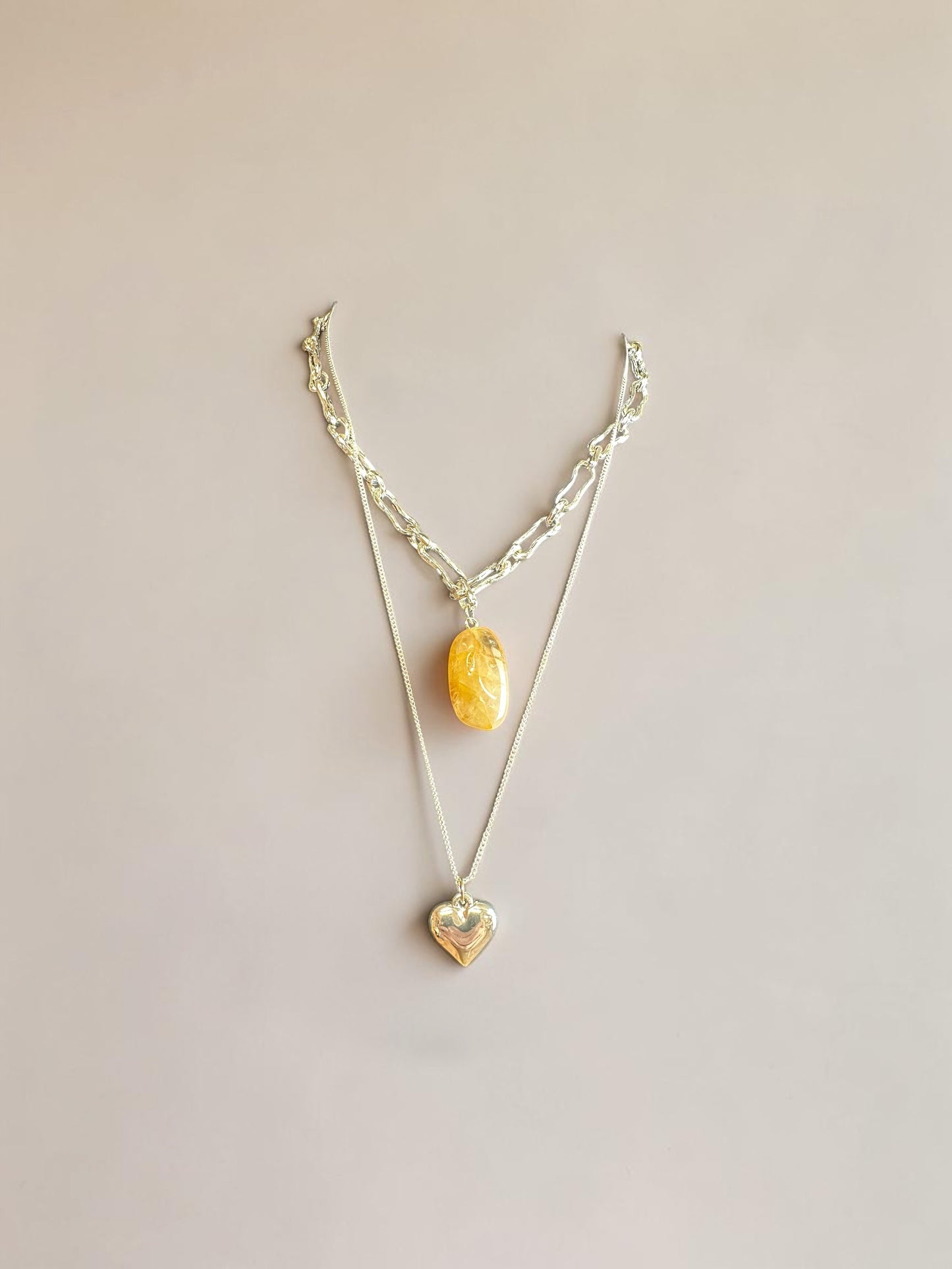 Silver plated drop heart double piece amber stone neckpiece