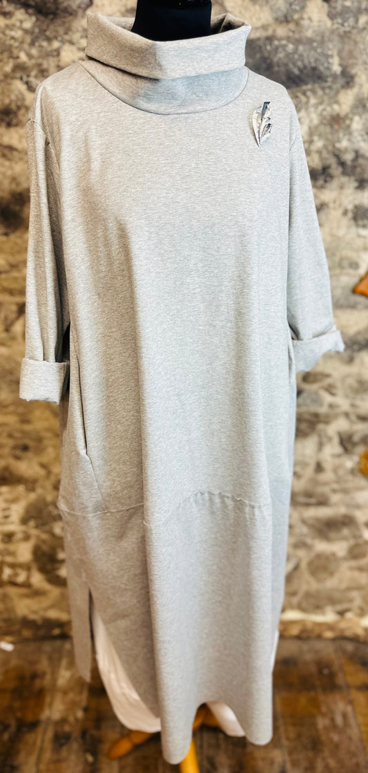 “Mandi” Italian dove grey hi funnel neck tunic style dress