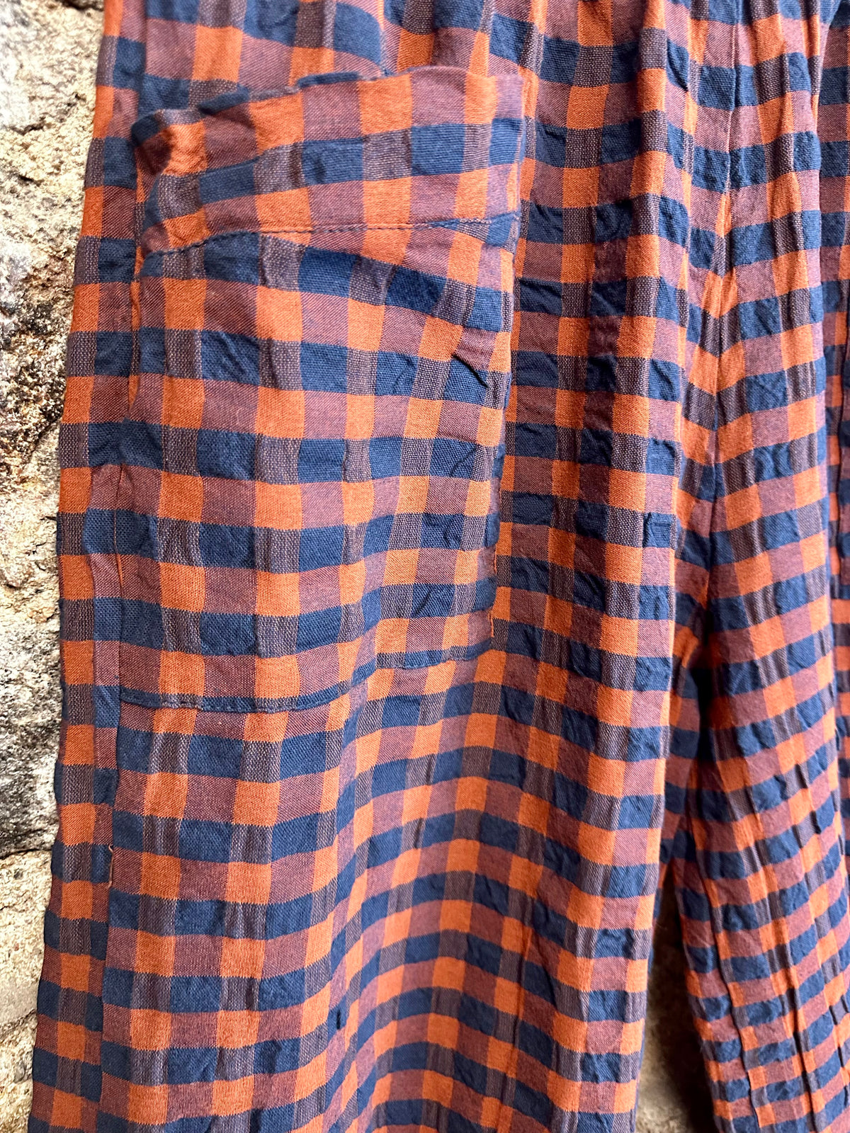 “Riley “ navy and rust Italian plaid cocoon trouser