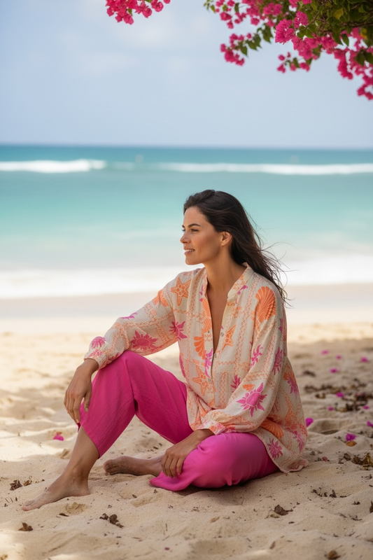 “Shelly “ Italian cerise and cream beautiful happy collarless shirt