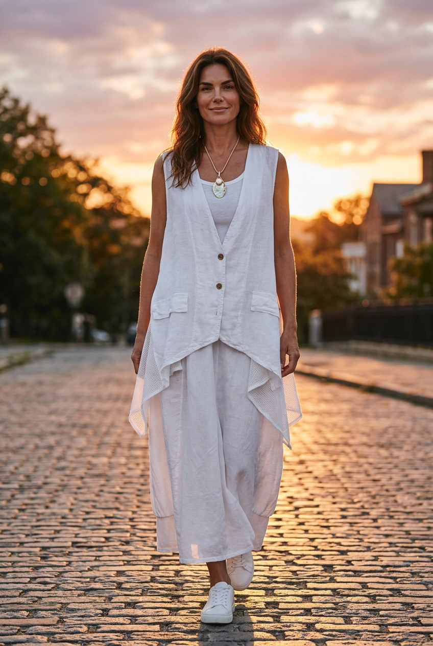 “Daisy “ white linen Italian asymmetric waistcoat