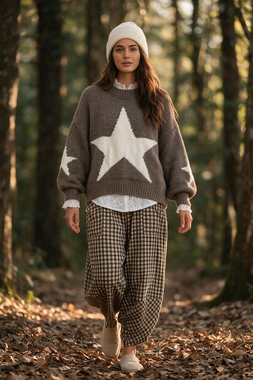 “Bowie “ cream and chocolate Italian crew neck knit