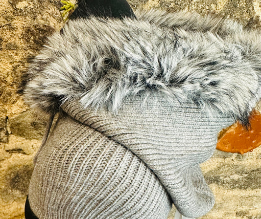 “Jessie “ vegan  fur trim snood hood ..dove grey
