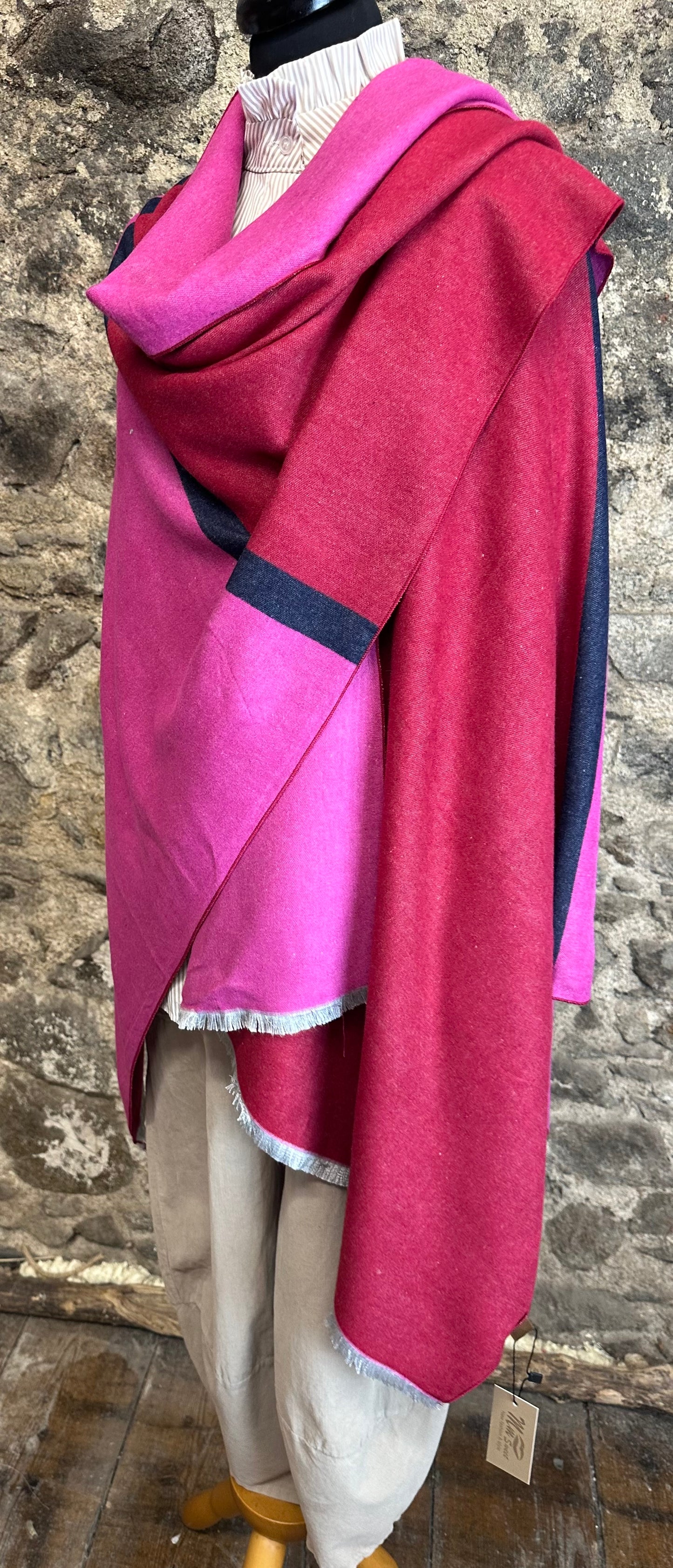 “Sara” colour block cerise /rasberry and navy cape