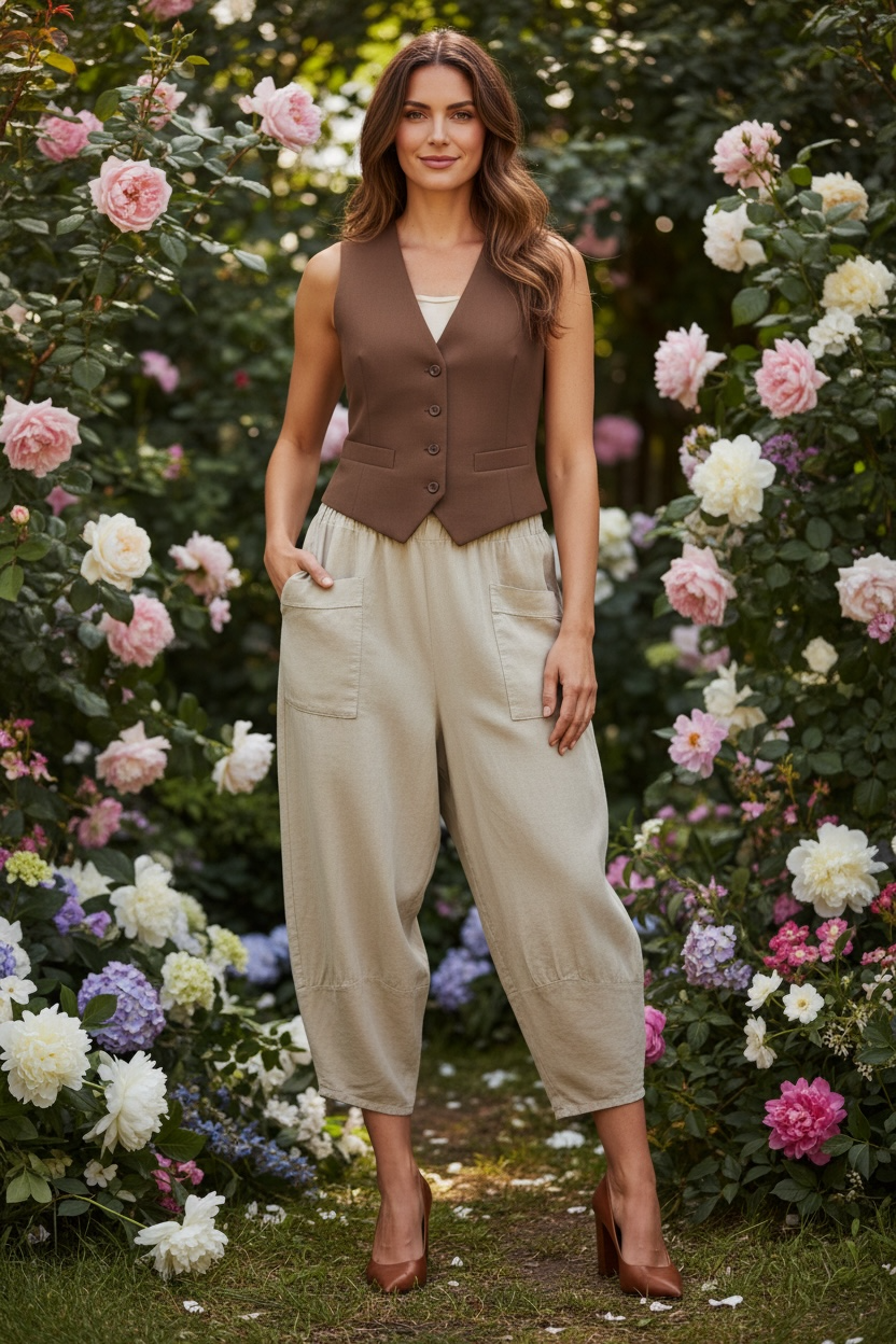 “Toni “ warm caramel pin corduroy barrel leg cocoon trouser