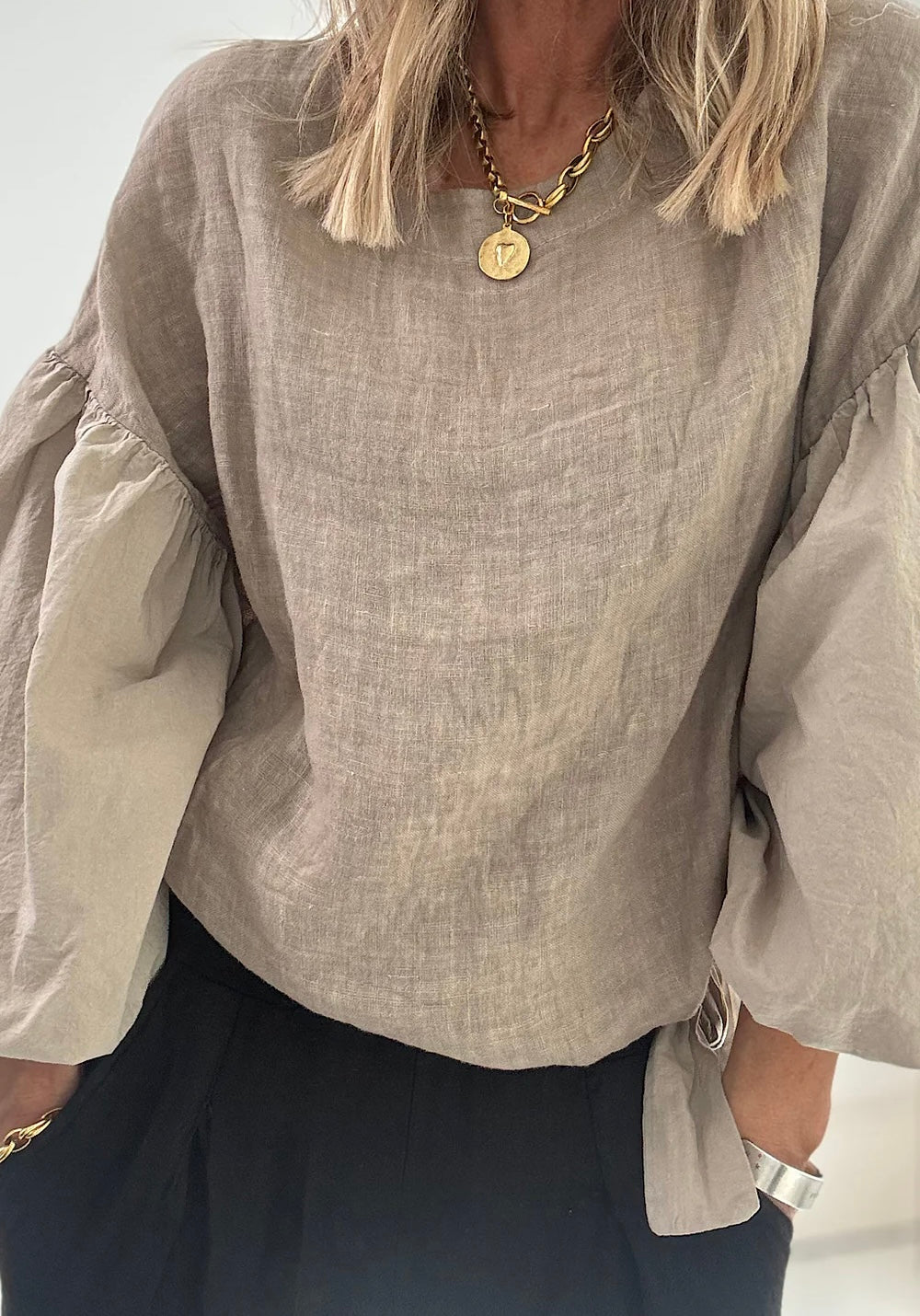 “Petra “ mocha Italian linen /cotton puff ball sleeve shirt