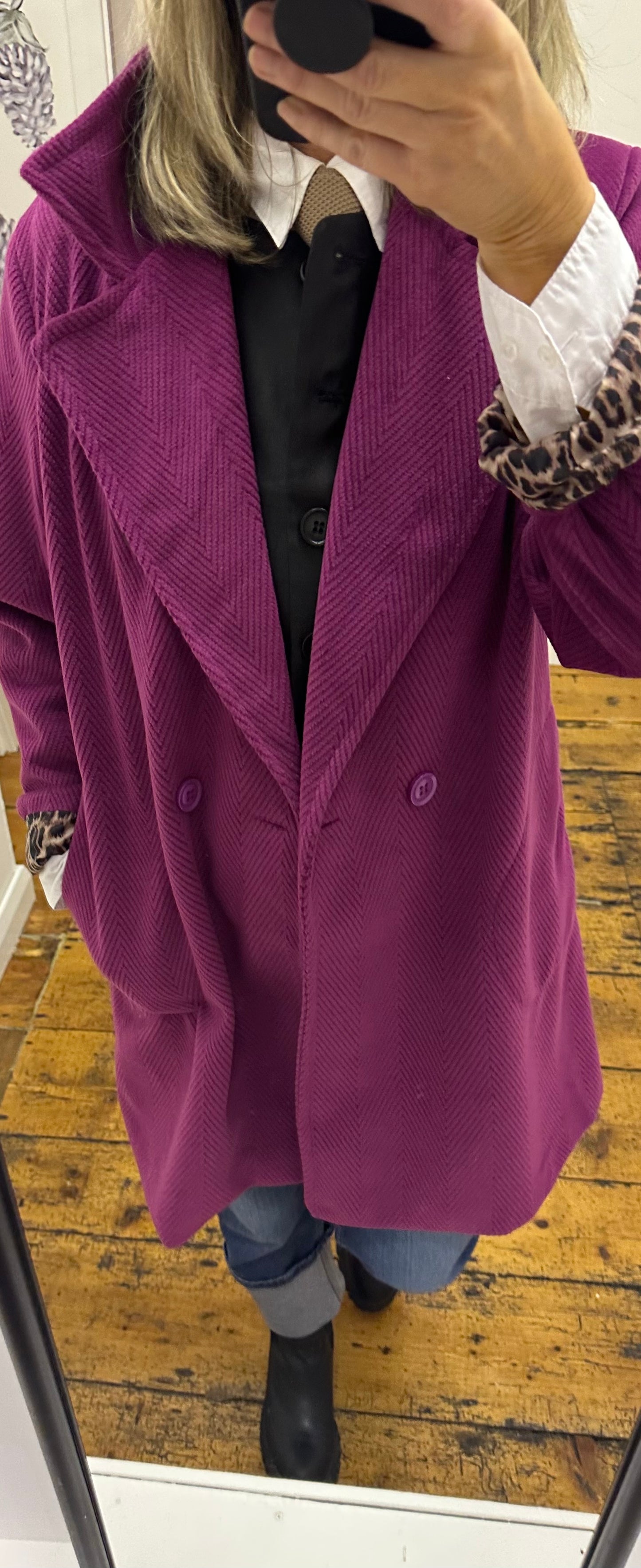 “Lydia “ fuchsia Italian double breasted chevron corduroy dress coat