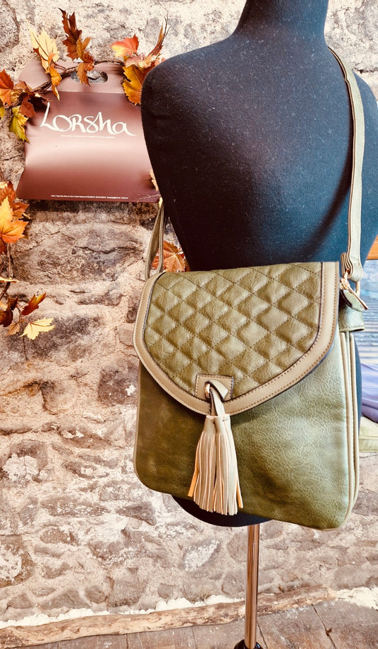 “Poppy” tassle olive green  vegan crossbody