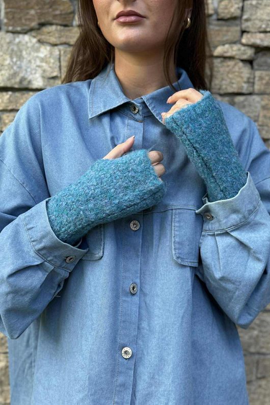 Boucle teal cosy fingerless gloves