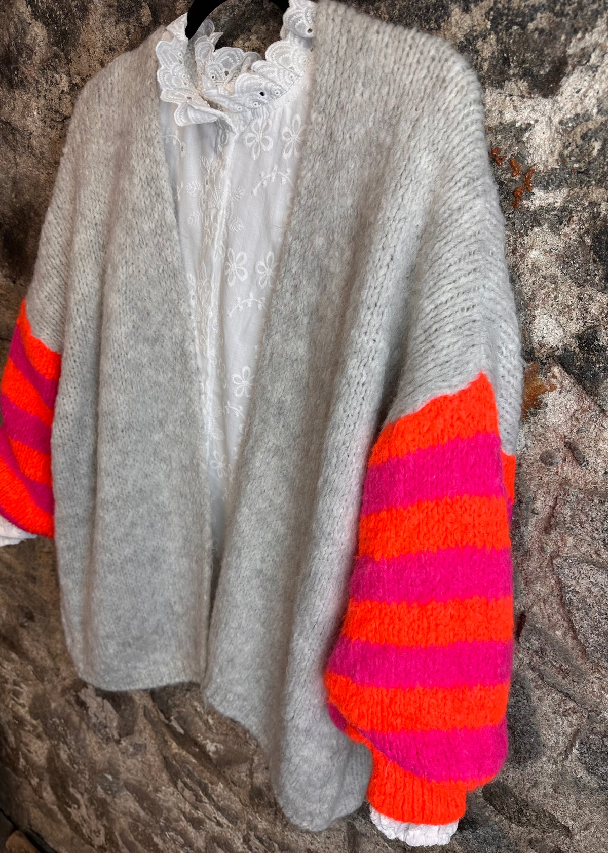 “Elsie “ dove grey and neon sleeve Italian cosey knit