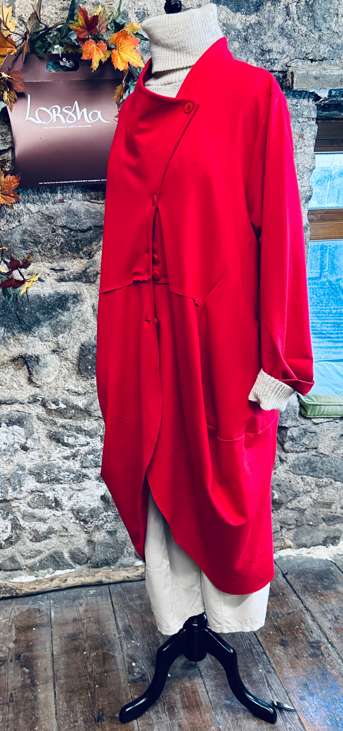 “Marianna “ ruby red Italian drape dress coat