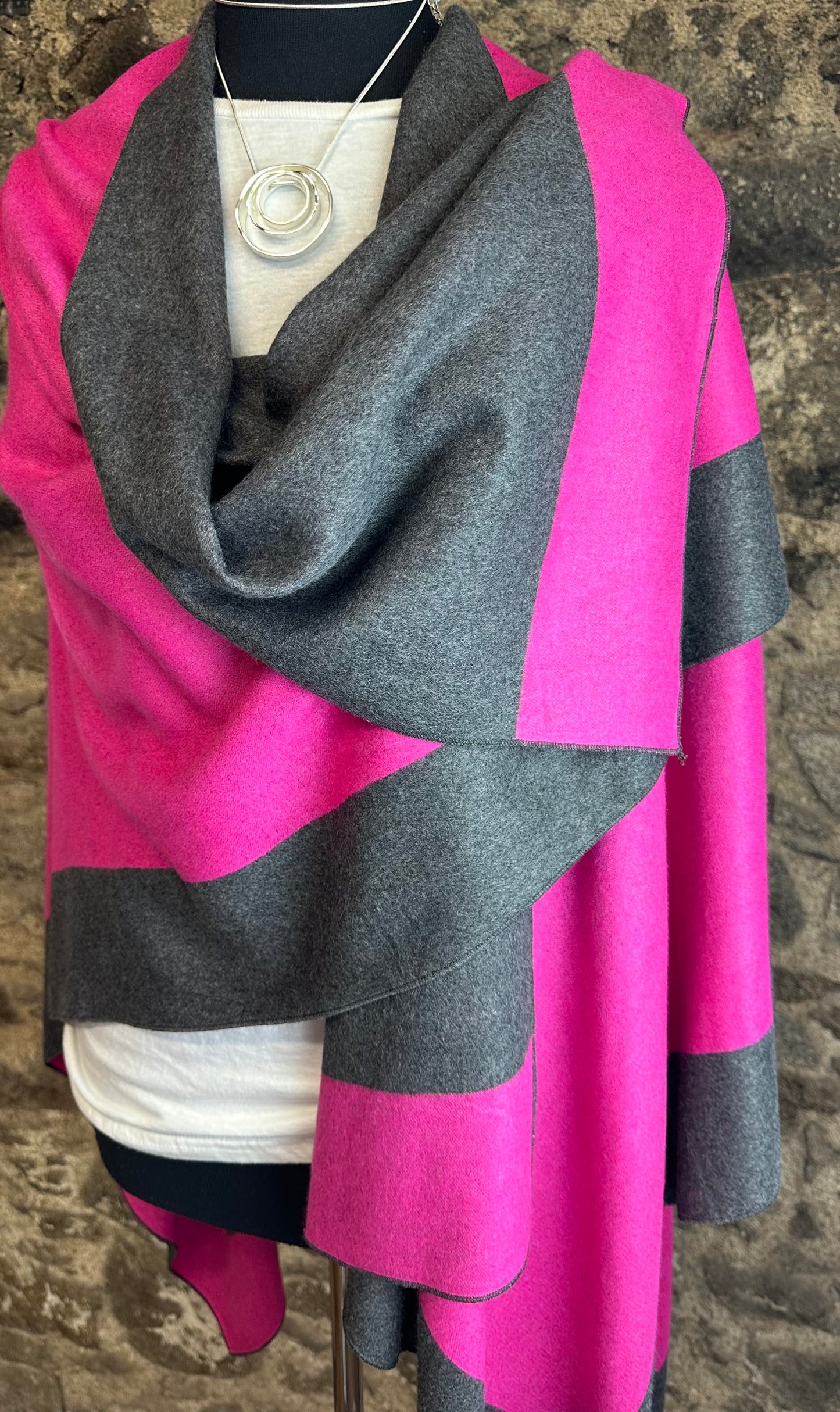 “Roberta “ cerise and charcoal grey cape wrap