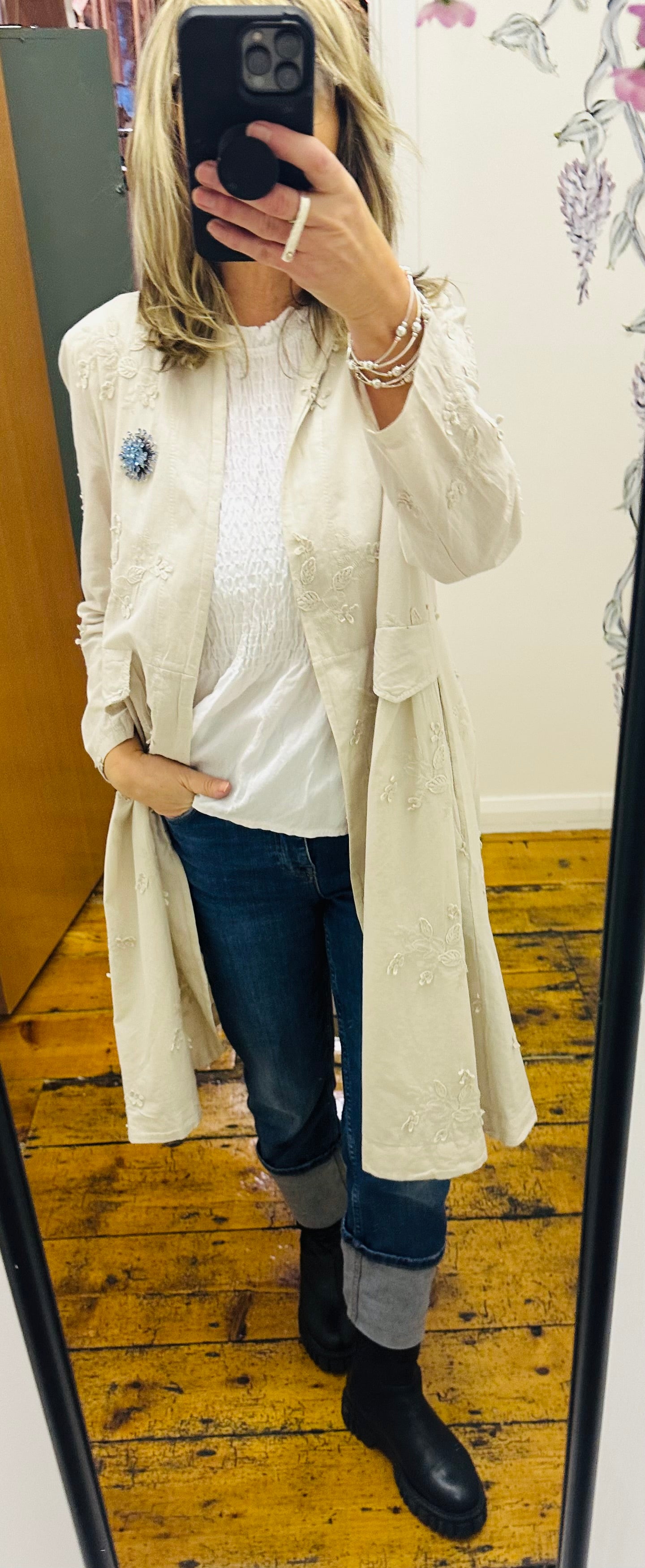 “Moira” Italian cotton appliqué dress coat oatmeal