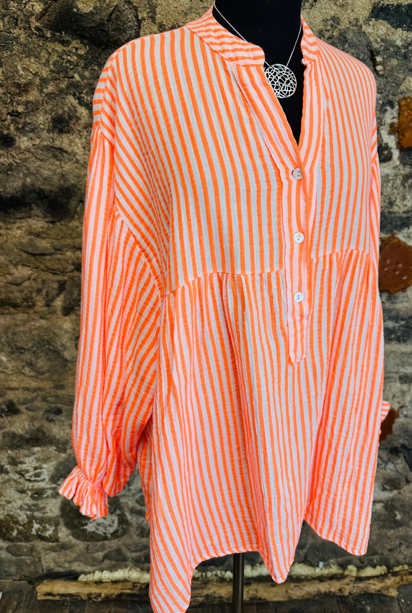 “Jennie “ tangerine neon and cream stripe Italian tunic