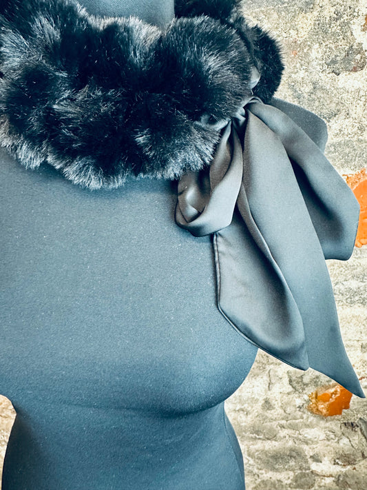 “Esther” ebony faux fur satin tie collar