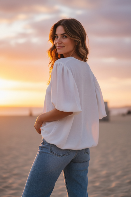 “Pria “Ivory Italian puff ball blouse