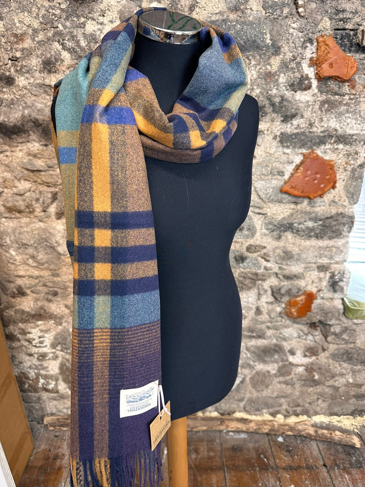 Country plaid mustard and blues heritage plaid cosey scarf