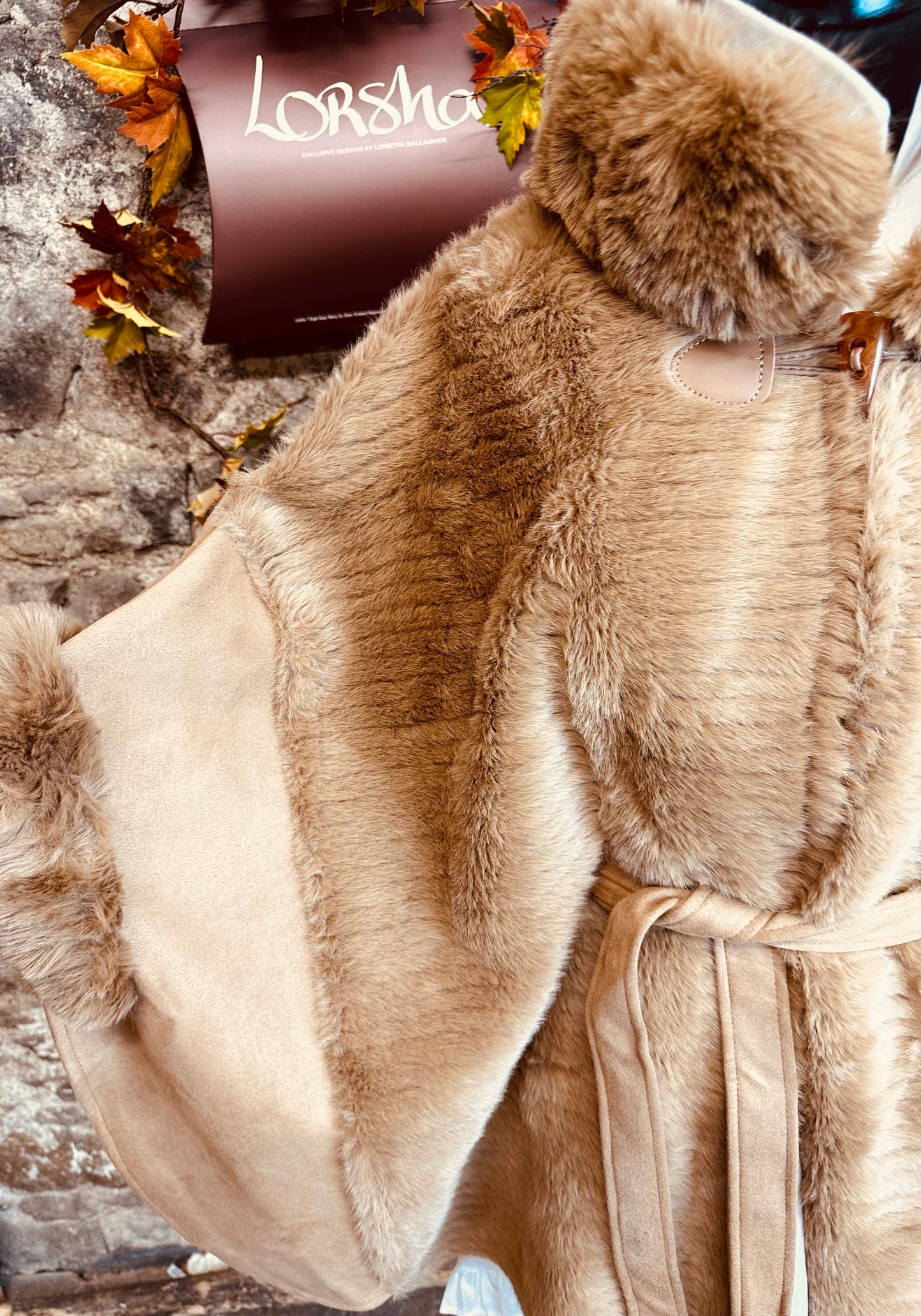 “Regina” bronze  Suedette vegan fur cape coat