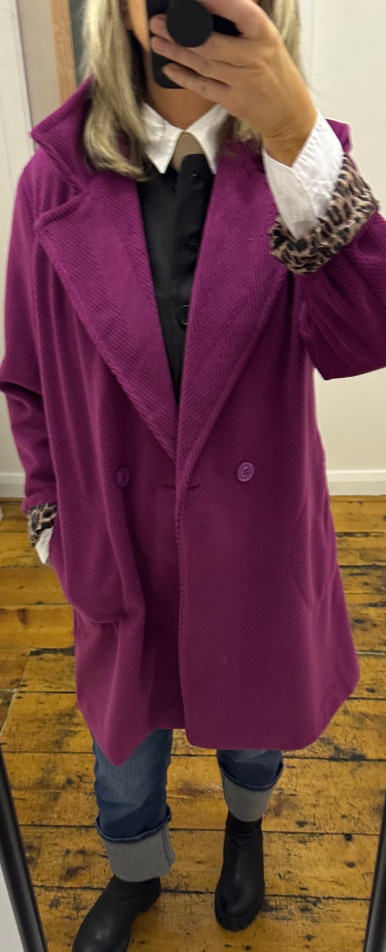 “Lydia “ fuchsia Italian double breasted chevron corduroy dress coat