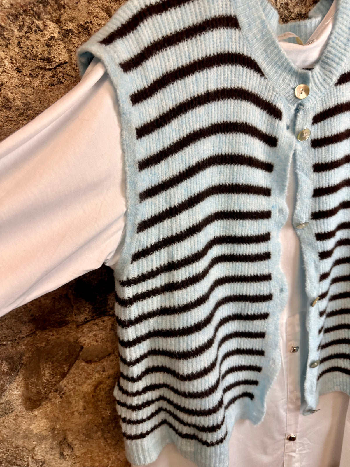 “Jessie” sky blue and chocolate stripe Italian knit waistcoat