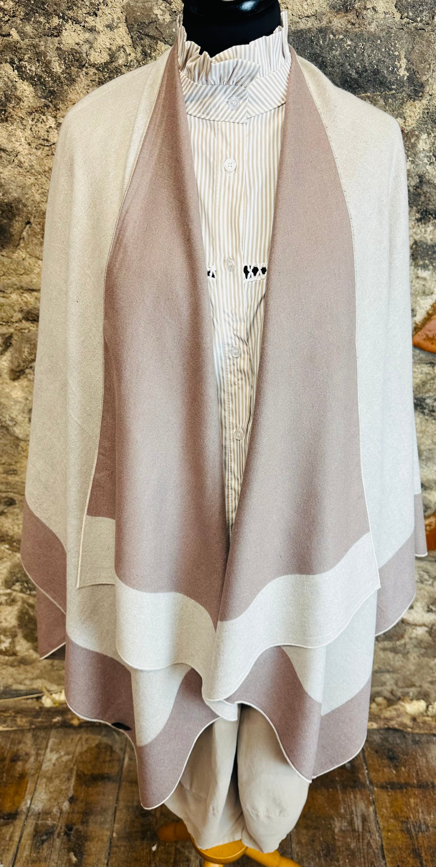 “Roberta” mocha and stone reversible fine wool mix wrap