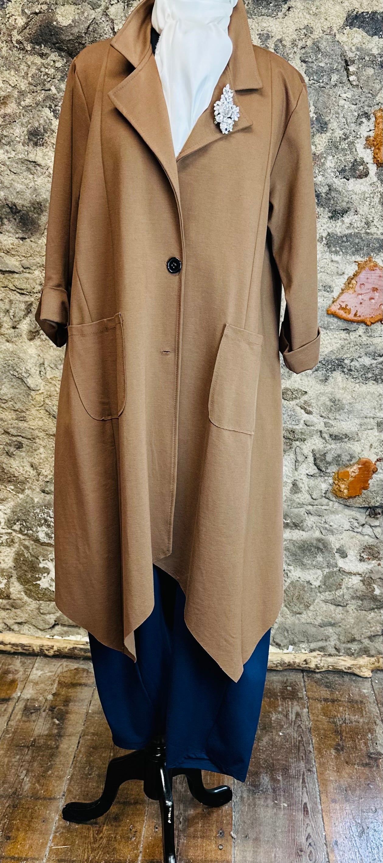 “Lacey “ tan Italian unusual hem heavy jersey cost