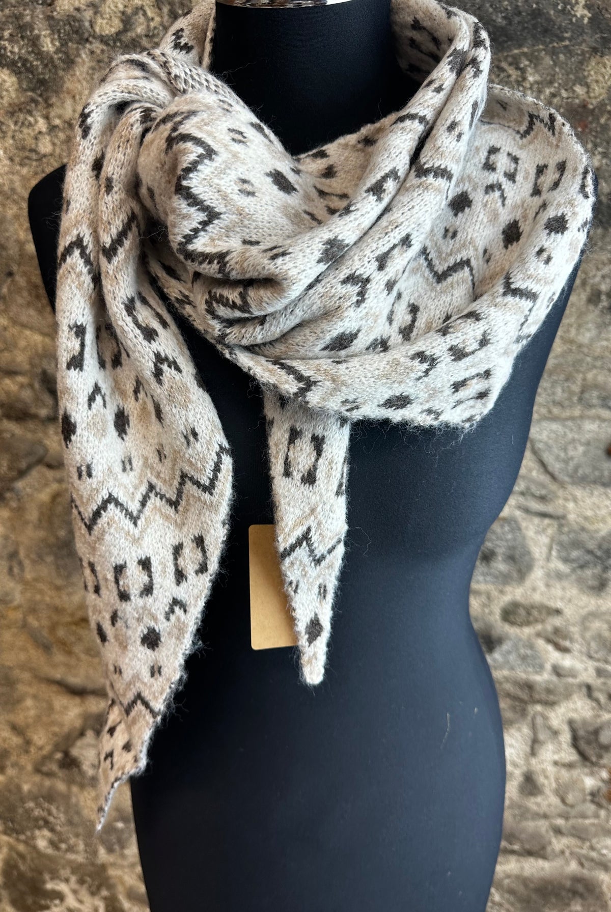 Nordic cream fair isle knit triangle scarf