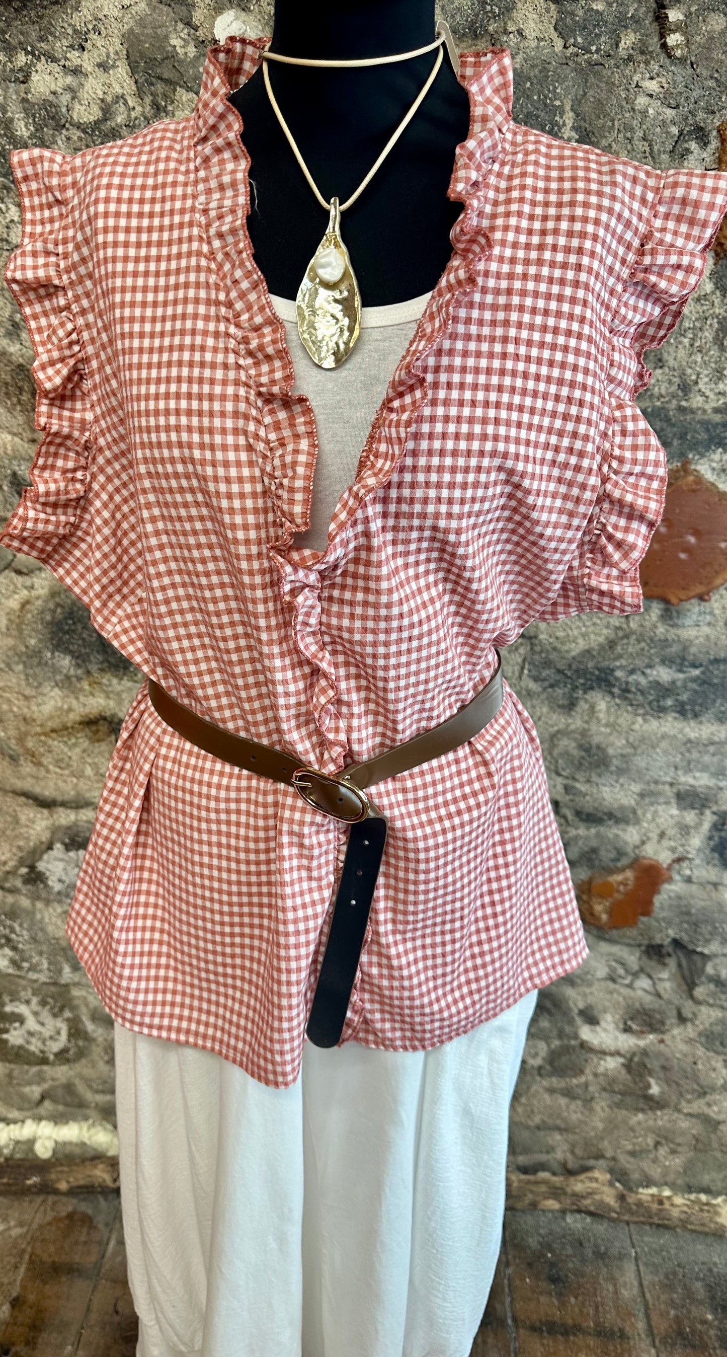 “Rosie” terracotta and white gingham ruffle top