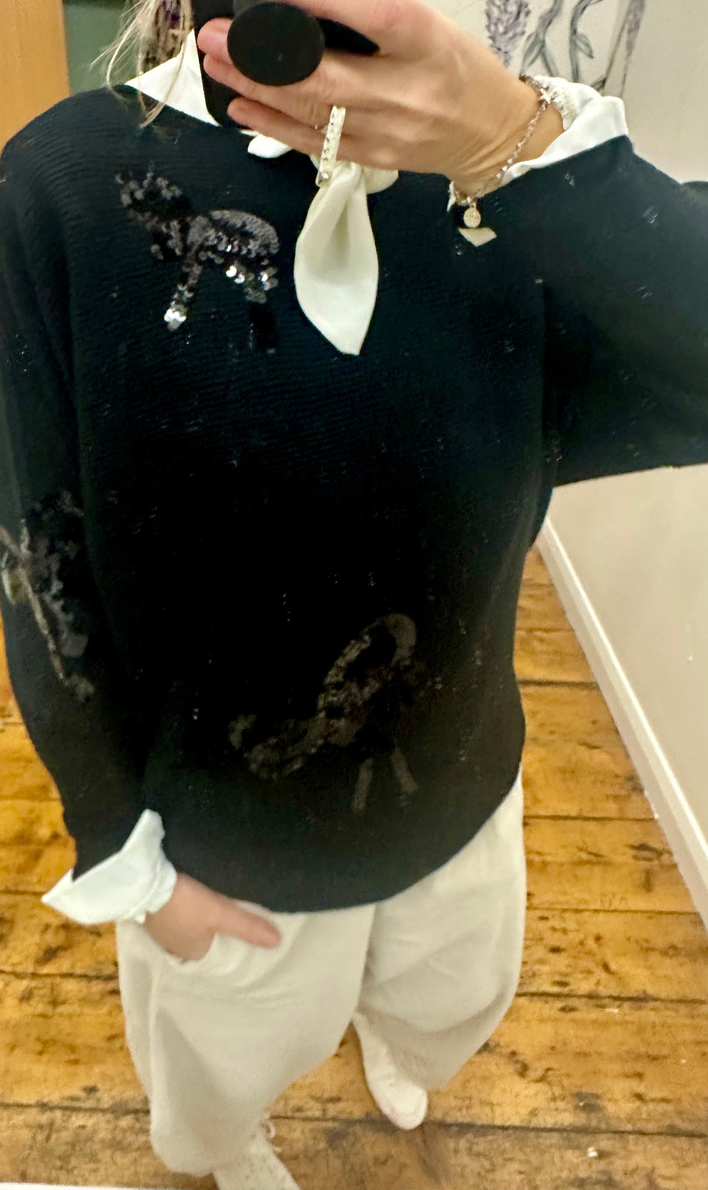 “Jez “ Ebony black sequin bow Italian knit