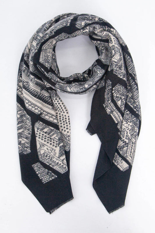 Black and white architectural drawing wrap