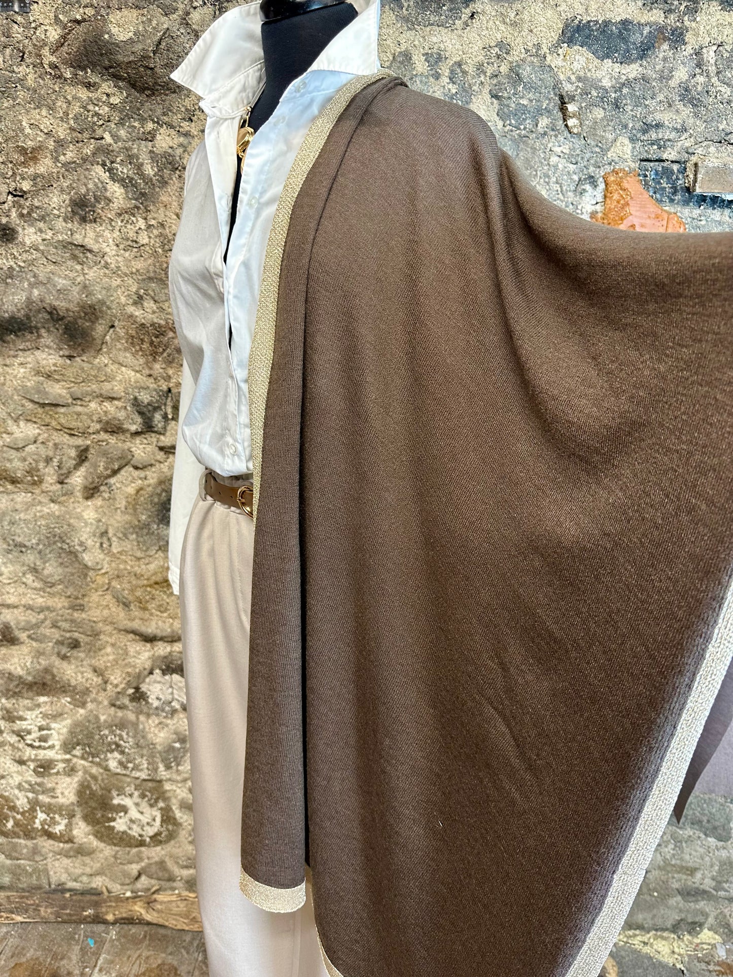 Chocolate fine  knit wrap with gold trim