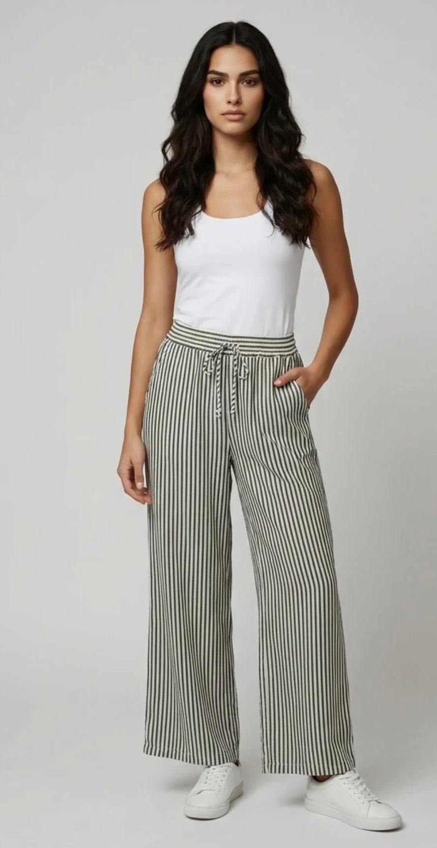 “ Sandie “ sage and cream pinstripe linen mix Italian cullottes